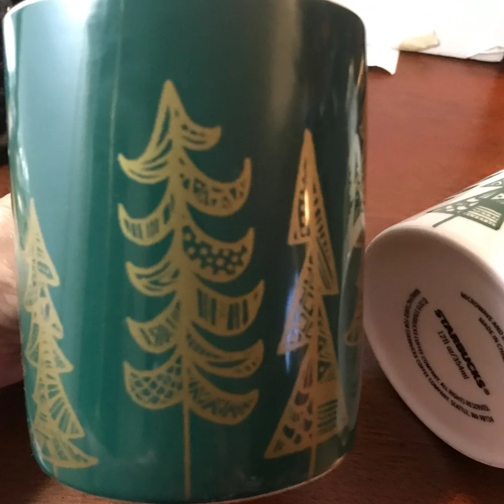 Set of Two Starbucks Christmas Mugs Green with Gold Trees White with Green Trees